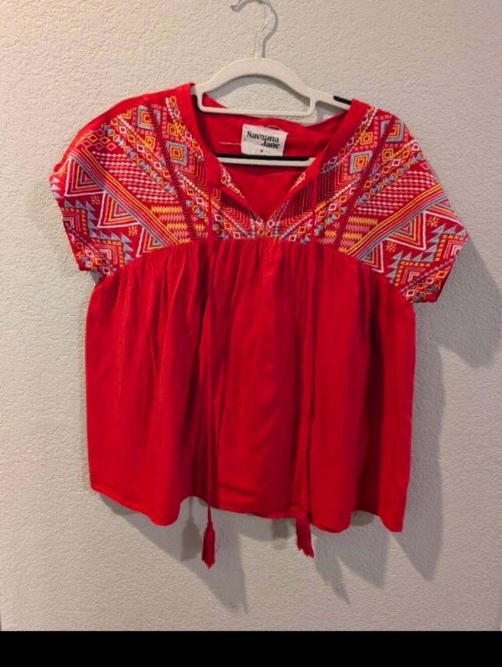 Savanna Jane Embroidered Boho Peasant Top Tassel Tie Medium - Picture 12 of 12
